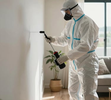 A professional technician in clean protective gear discreetly applying pest control treatment to the corner of a modern South American living room, bright natural lighting, professional photography.