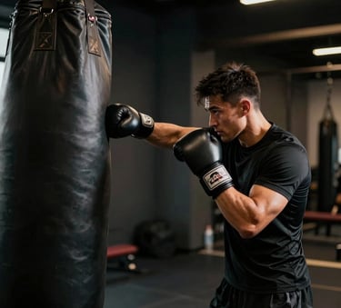 A high-performance training scene in a dark, premium gym. A male athlete is seen from the waist up, wearing a loose-fitting black athletic shirt, focusing on a heavy bag in a boxing gym. The lighting is dramatic and cinematic, with deep shadows and soft gold highlights. Global / Performance Athletics.