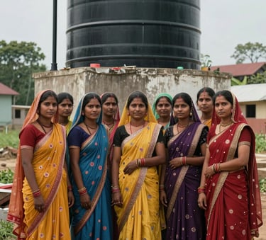 A group of South Asian women in colorful traditional attire standing together near a newly constructed village water storage tank, representing community management and empowerment.