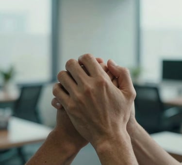 A close-up photograph of two people's hands clasping in a supportive, comforting gesture during a session. The lighting is soft and natural from a nearby window in a modern North American office. The atmosphere is one of empathy and connection, featuring muted teal and soft green tones in the background.