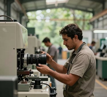 A professional photographer capturing content inside a modern industrial facility in Mexico, focused on the interaction between workers and machinery, soft natural light, forest green and beige environment.