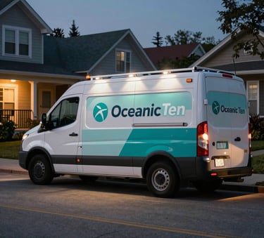 A clean service vehicle with professional branding parked on a quiet residential street in a North American / US neighborhood at dusk. The scene is lit with cinematic, warm street lighting, featuring subtle accents of Oceanic Teal and Dark Deep Teal in the environment.