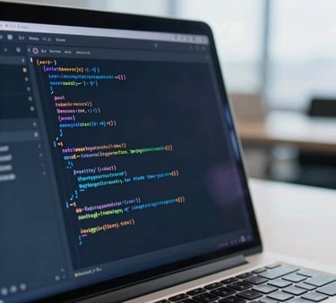 A close-up photograph of a professional laptop screen showing lines of code, taken in a bright, modern European office setting with soft natural light and deep blue color accents.