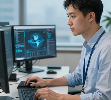 A focused technical recruiter in an International / Global high-tech office using a multi-monitor setup, with Soft Sky Blue and Steel Blue accents in the background, professional photography.