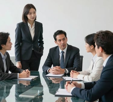 Professional colleagues discussing strategy around a glass table in a sophisticated North American / US boardroom with pure white and charcoal accents.