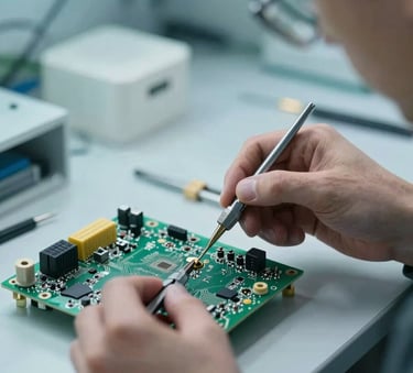 A close-up photograph of a professional technician's hands repairing a circuit board in a modern European / French laboratory, with precision tools and soft misty aqua lighting accents.
