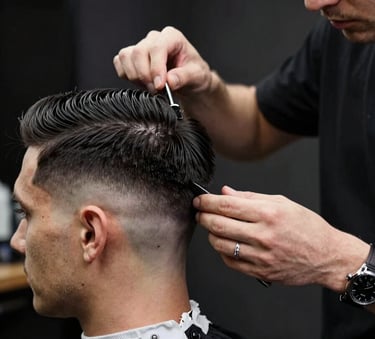 A close-up photograph of a master barber in a sophisticated shop in Tulcea, performing a precise fade haircut on a client. The lighting is focused and dramatic, highlighting the sharp lines and clean technique. European / Romanian style setting with charcoal black and soft silver accents.