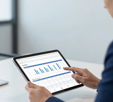 A professional accountant in a clean, modern office reviewing digital financial reports on a tablet, professional and trustworthy atmosphere, incorporating soft navy blue and light blue tones.