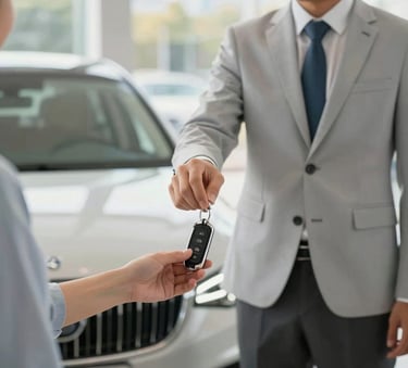 A luxury car sales professional in a crisp suit handing over the key fob of a premium sedan to a client in a bright, modern North American &amp;amp;amp;#x2F; US showroom. Soft morning light, professional atmosphere, shallow depth of field.
