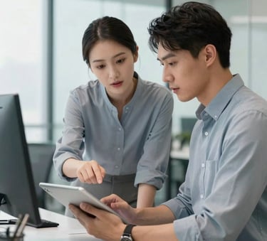 A professional workspace where two people in Soft Blue Grey attire are discussing a project over a tablet in a bright, modern glass-walled office.