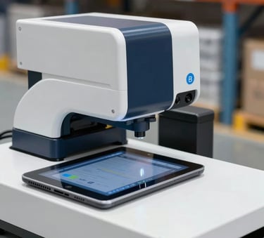 A close-up of a high-tech logistics scanner and digital tablet in a clean warehouse environment. The lighting is bright and professional, featuring accents of mist white and deep navy on the equipment.