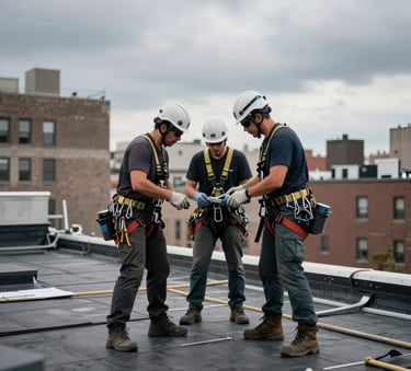A professional roofing crew wearing safety harnesses and helmets inspecting a flat roof of a New York City residential building under a gray, overcast sky. The atmosphere is professional and urgent, North American / US - New York City.