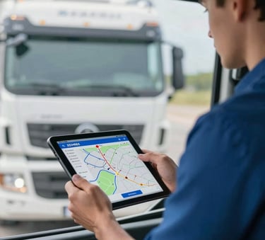 A professional truck driver in a modern, clean cab using a high-tech tablet for route management. Professional lighting, incorporating the brand colors #2D4B6C and #E0E8ED in the environment. High-efficiency logistics atmosphere.