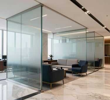 Luxury real estate office interior in Ajman, UAE, featuring modern glass partitions, polished marble floors, and elegant furniture in shades of light grey-blue and dark navy. The space looks sophisticated and professional. Middle Eastern / Gulf setting.