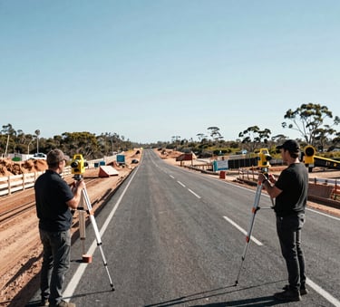 A wide-angle professional photograph of a modern civil engineering project site in an Australian coastal region, showcasing active road construction with surveyors using precision equipment, under a clear bright sky, emphasizing scale and technical accuracy.