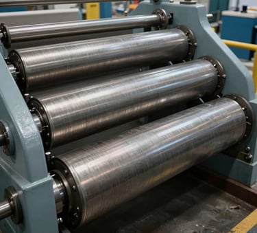 A detailed, technical photograph of a precision-engineered industrial roller for a paper mill, featuring metallic textures and a focus on mechanical reliability, soft lighting, Central European industrial setting.
