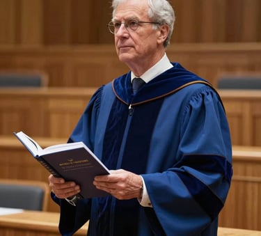 A distinguished International Academic professor standing in a sophisticated, wood-paneled lecture hall, holding a published journal. The atmosphere is professional and prestigious, with soft cinematic lighting. Palette features Deep Ocean Blue and Crisp White tones.