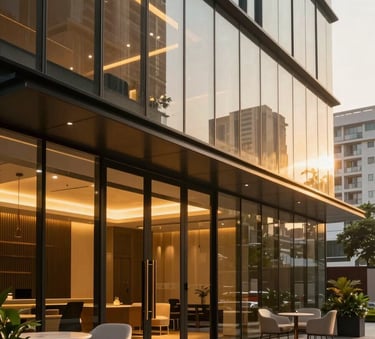 A high-end commercial office space in Chennai with sleek glass walls, modern furniture, and a sophisticated atmosphere. The lighting is warm and golden, reflecting a premium investment opportunity in a South Asian urban setting.