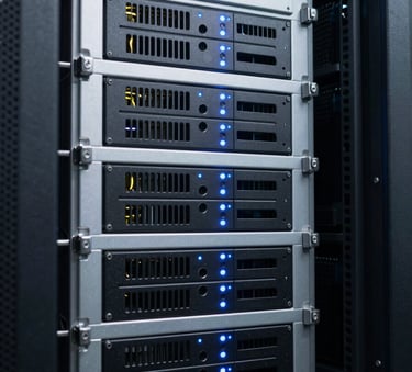 A close-up of a high-end server room in a North American / US data center, illuminated with soft white and steel blue indicator lights on sleek metal hardware.