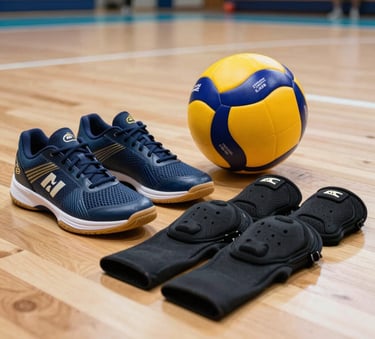 A high-quality action photo showing high-end volleyball equipment including pro court shoes, an official international match ball, and knee pads laid out on a polished wooden court floor. Modern daylight, clean presentation with subtle gold and dark navy highlights, South American / Brazilian indoor stadium environment.