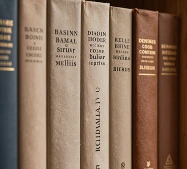 A close-up shot of several elegantly designed book spines on a wooden shelf in a North American / US study. The covers are in warm taupe and earthy brown colors. The lighting is warm and intellectual, focusing on the texture of the paper and the sophisticated typography on the spines.