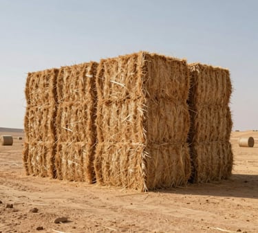Clean, modern shot of large rectangular wheat straw bales stacked neatly in a vast desert-adjacent field, bright natural lighting, professional and reliable aesthetic.