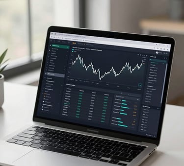 A high-end laptop on a minimalist desk in a bright, modern South American workspace. The screen displays a complex, polished user interface of a financial application, featuring clean lines and a professional dark mode design. The lighting is soft and natural, coming from a large window.