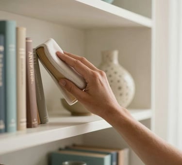 Detailed photography of a professional's hand carefully dusting a bookshelf with decorative items in a bright South American home, soft morning light filtering through, colors of beige and light teal in the background.