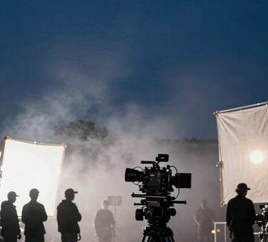 A cinematic low-angle shot of a professional film set at night. Sky blue lens flares, mist white silhouettes of production crew against dark navy equipment.