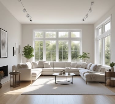 A cozy living room with freshly painted soft blue walls and crisp white trim.