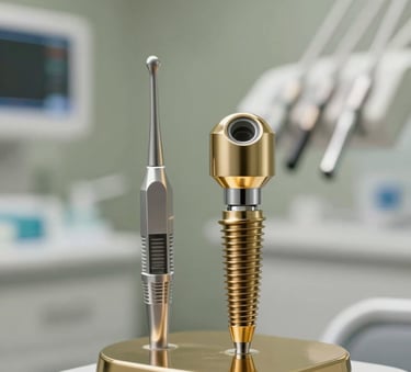 A close-up of high-tech dental equipment and an implant model in a clean, modern clinic. Soft olive green accents in the background, warm gold-toned lighting, reflecting professionalism and advanced technology. Professional photography style.