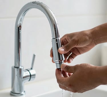 A close-up of a high-end chrome kitchen faucet being installed with professional precision, water droplets visible, South American / Brazilian home interior, bright and clean photography, medium blue and white tones.