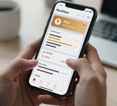 Close-up of a person's hands using a sleek smartphone in a modern North American office, the screen displaying a sophisticated business dashboard with amber and light grey accents.
