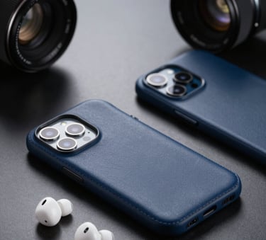 A sophisticated close-up of premium mobile phone accessories, including high-end leather cases and wireless earbuds, arranged on a dark reflective surface. Professional studio lighting with Navy Blue and White accents, Middle Eastern / Gulf setting.
