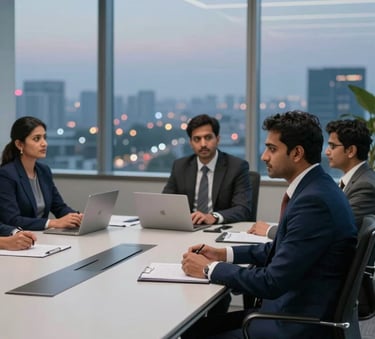 A cinematic shot of a modern South Asian / Indian boardroom at twilight, with the city lights of Delhi NCR blurred in the background, featuring clean lines and a premium, corporate atmosphere in deep navy and light mist gray.