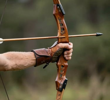 Close-up of a hand in a leather archery glove drawing a traditional wooden longbow, forest background in the Spanish countryside, soft natural lighting, elegant and focused.
