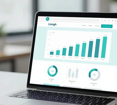 A clean, modern laptop screen displaying a high-conversion landing page with professional analytics graphs. The background is a bright, professional office setting with soft #E0F2F7 and #1B3A5C color accents.
