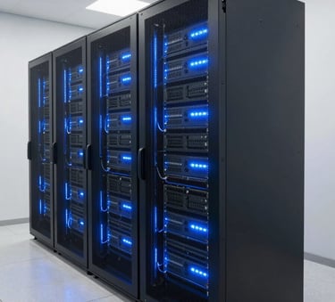 A high-tech server room in a modern South American corporate building, featuring glowing blue LED lights on racks, clean white walls, and a polished floor, conveying technological efficiency.