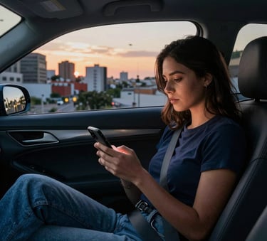 A young woman looking relaxed and safe, sitting in the back seat of a modern car, checking her phone. Through the window, a Latinoamericano / Hispano city is visible at sunset. Warm evening light, professional composition, deep blue shadows and steel blue accents.