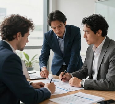 A professional business meeting in a modern, sunlit office in Brazil, showing two partners reviewing logistics plans on a desk, with a clean and professional atmosphere using navy blue and slate grey tones.