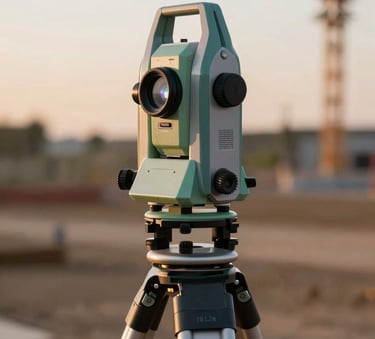 Close-up of a professional geodetic GPS receiver set up on a tripod in a wide-open construction field, sunset lighting, sharp focus on the high-tech equipment, incorporating professional tones of #1A2C2A and #3D6B5E.