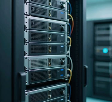 A close-up photograph of advanced server hardware in a pristine, high-tech data center located in a Latinoamericano / Global Hispanohablante technological hub. The room is bathed in soft vibrant teal light and dark slate gray shadows, reflecting a serious and professional atmosphere.