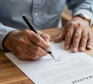 A close-up of a Latinoamericano senior person's hands signing a clear financial document on a warm wooden table, soft morning light, focus on the pen and the signature, evoking trust and commitment, professional photography.