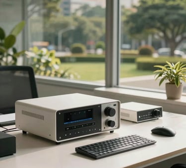 Photography of a modern, professional office setting in a South American city. A sleek workstation with high-end communication equipment sits by a window overlooking a lush urban garden. Soft, natural morning light creates a sophisticated and welcoming atmosphere. Palette highlights include off-white and sage green.