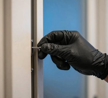 A close-up photograph of a professional technician's hand in a deep charcoal black glove applying precision treatment to a North American / US residential door frame, clean modern aesthetic, strong blue highlights in the background.