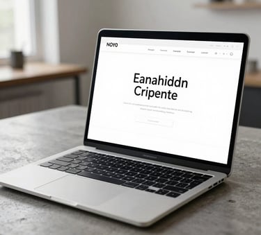 A close-up photograph of a sleek, modern laptop screen displaying a minimalist e-commerce interface with clean white space and elegant typography, set on a polished concrete desk in a bright North American creative studio.