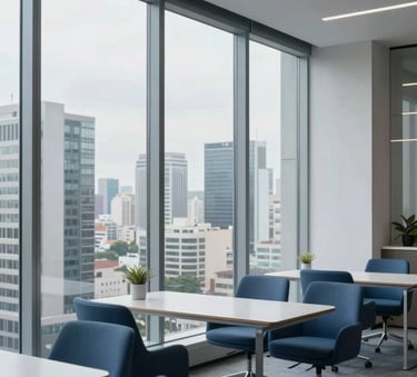 A high-tech office interior in a modern Brazilian business district, featuring floor-to-ceiling windows with a cityscape view, soft natural light, and sleek minimalist furniture in sky blue and navy tones.