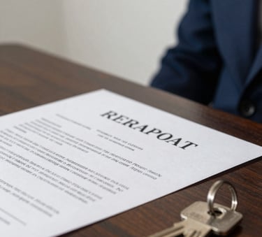 A close-up photograph of a professional property deed document resting on a dark wood table next to silver house keys. The background is softly blurred showing a pale mist white wall and the edge of a deep navy blazer.