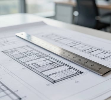 A close-up of a modern architectural blueprint with a professional steel scale ruler on top. The scene is shot in a bright, modern office with soft daylight, incorporating the brand colors #4A5568 and #EDF2F7 in the shadows and paper tones.