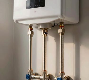 A newly installed energy-efficient water heater in a clean, modern North American garage setting. Soft lighting, sharp focus on the pipe connections, highlighting professional installation.
